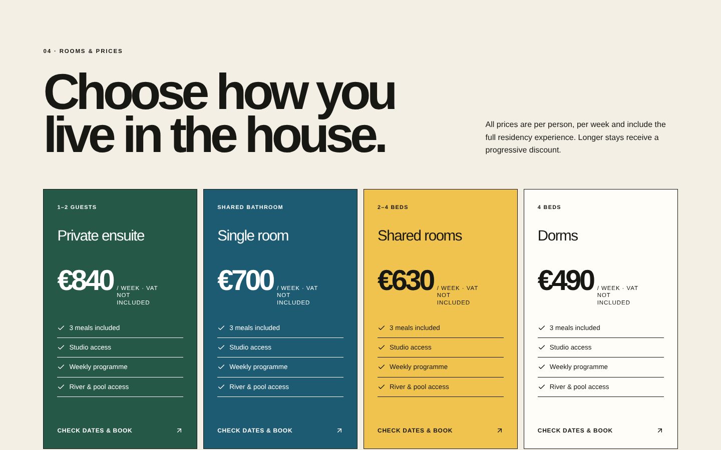 Rooms and prices, each with a Check dates & book button