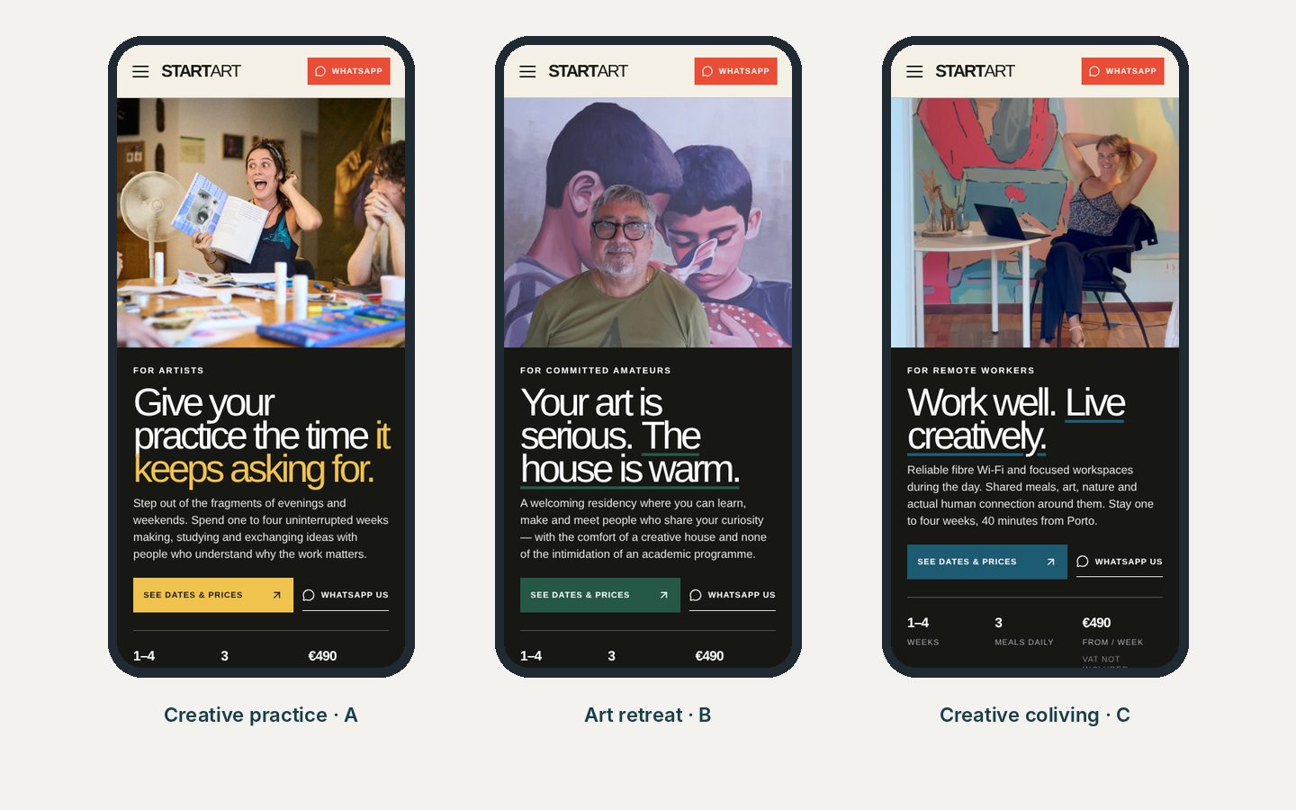Three persona landing pages on mobile