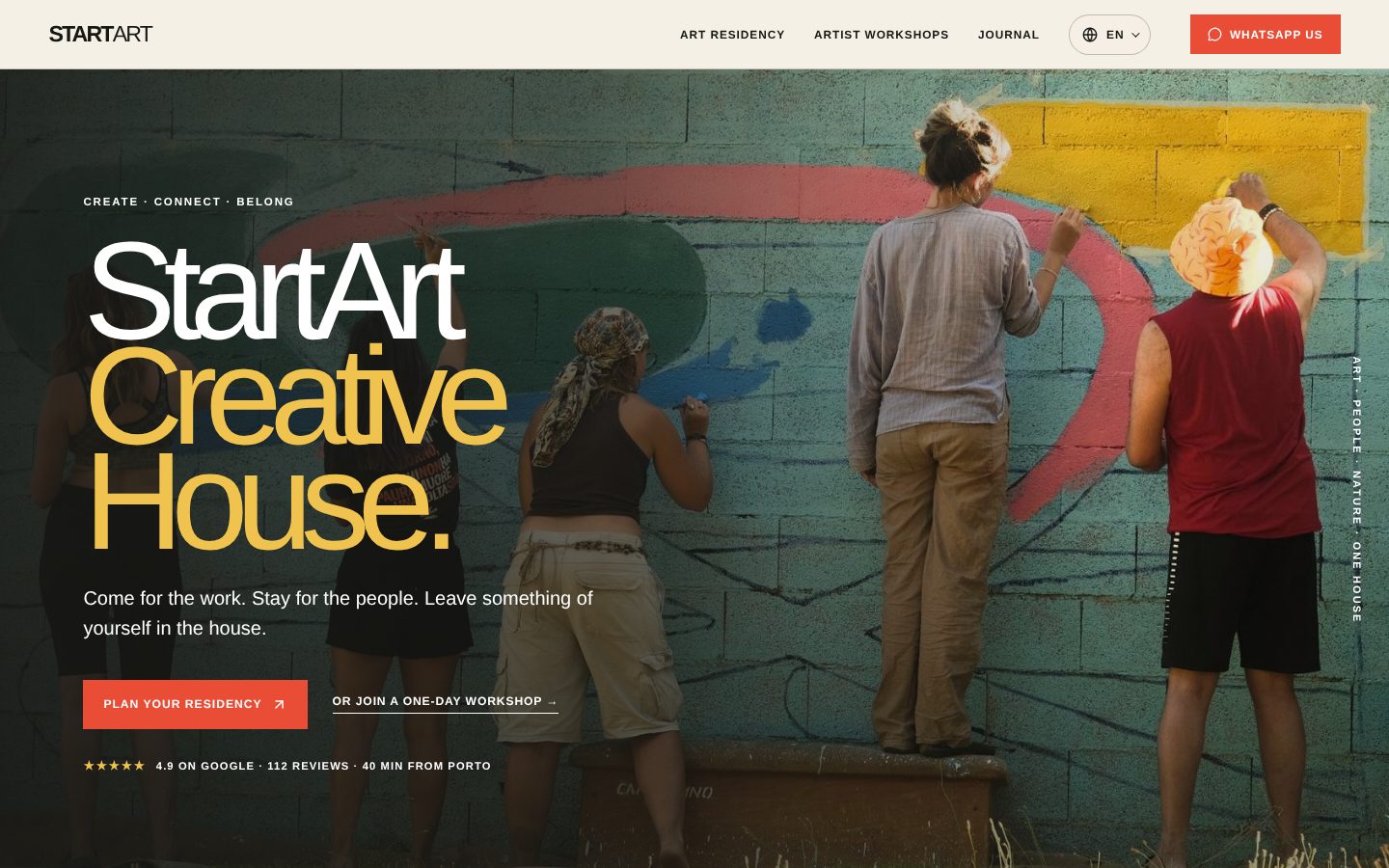 The StartArt home page: StartArt Creative House. Come for the work. Stay for the people.